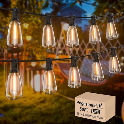 LED Outdoor String Lights 50ft ST38 Waterproof Patio Lights with 25 Vintage Shatterproof Bulbs(2 Spare), Dimmable Outside Hanging Edison String Lights for Backyard Porch Balcony Decor, Warm White