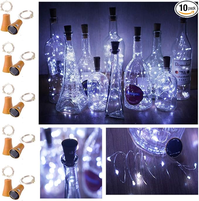 Decorman 10 Pack Solar Powered Wine Bottle Lights, 10 LED Waterproof Copper Cork Shaped Lights for Wedding/Christmas/Outdoor/Holiday/Garden/Patio/Yard/Pathway Decor (Cool White)