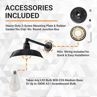 14in. Satin Black Outdoor Gooseneck Barn Light Fixture with 13in. Long Extension Arm - Wall Sconce Farmhouse, Vintage, Antique Style - UL Listed - 9W 900lm A19 LED Bulb (5000K Cool White)