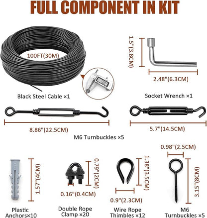 String Light Hanging Kit, Full Black Globe String Lights Suspension Kit w/ 100FT PVC Coated Steel Cable & Enough Accessories, Guide Wire for Outdoor String Lights, Patio Lights, Camping Light