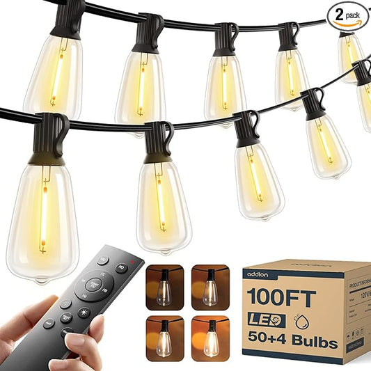 addlon 100FT(50FT*2) LED Outdoor String Lights with Remote Waterproof Patio Lights with Shatterproof ST38 Replaceable Bulbs, Dimmable Outside Hanging Light Connectable for Porch, Backyard, 2200K