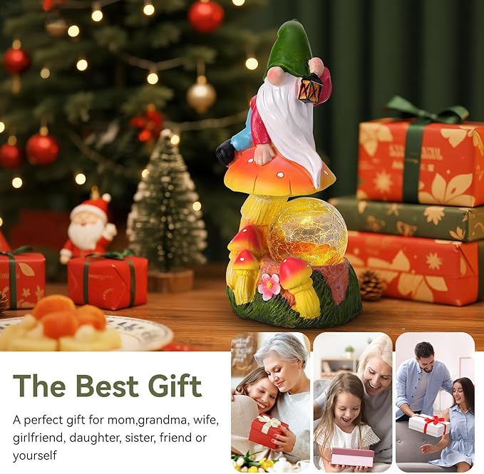 Garden Gnomes Outdoor Statues with Light, Spring Gnomes Decorations for Yard, Solar Garden Gnome with Mushroom Decor, Lawn Ornaments for Patio, Balcony Housewarming- Unique Women Gifts