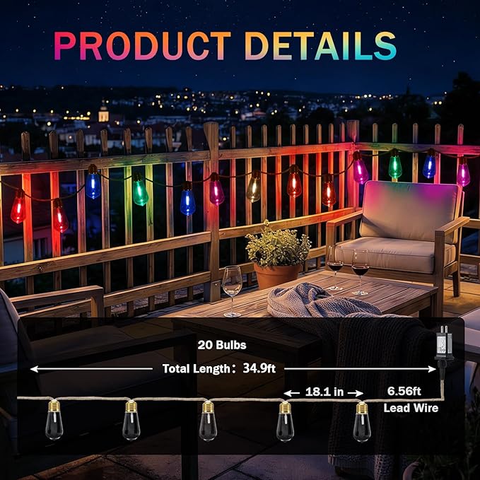 (New) Outdoor String Lights, 24FT 20 LED Bulbs Shatterproof Patio Lights, IP65 Waterproof 8 Light Modes Plug-in | Lumora