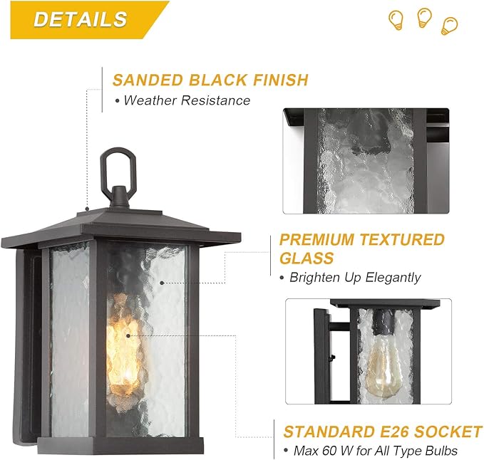LALUZ Rectangle Outdoor Light Fixtures Wall Mount, Weather-Proof Porch Lights Outdoor with Water Ripple Glass, Anti-Rust Outdoor Wall Lantern for Patio, Yards, Garden, Front Door, Matte Black Finish