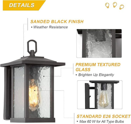 LALUZ Rectangle Outdoor Light Fixtures Wall Mount, Weather-Proof Porch Lights Outdoor with Water Ripple Glass, Anti-Rust Outdoor Wall Lantern for Patio, Yards, Garden, Front Door, Matte Black Finish