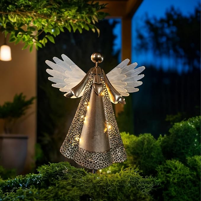 Solar Angel Garden Lights, Outdoor LED Metal Decor, Waterproof Pathway, Lawn Lighting, Unique Gift for Women, Mom, Friends(Heart Necklace)