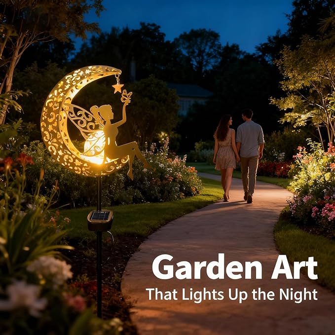 Solar Moon Stake Light, Fairy Garden Sculpture, Outdoor Waterproof Yard Art for Patio Lawn Decor, Mother's Day Spring Easter Gifts for Mom Grandma Women, Housewarming House Gift, Easy Install