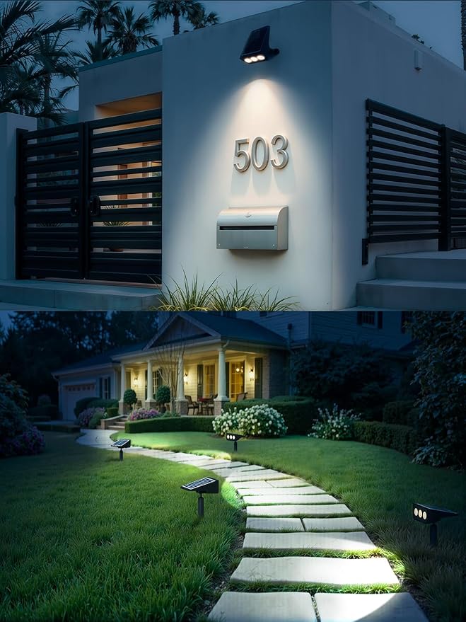 Solar spot Lights Outdoor IP65 Waterproof Solar spotlights 3 Lighting Modes Tree Lights for Outdoor Yard Garden Auto On/Off Wall Lights for Walkway Driveway Garage 4 Pack (Warm White