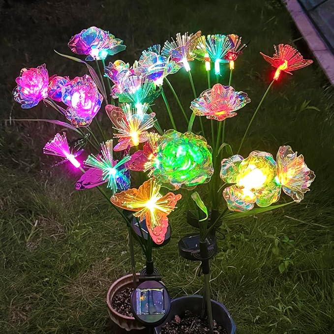 GUOCHENG Rose&Butterfly Solar Garden Lights, 7-Color Changing Outdoor Decorations Flower and Butterfly Lights, Garden Decor for Outside, Yard, Patio, Pathway, Galaxy Rose Butterfly Lights(4 Pack)