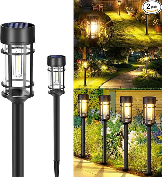 Solar Lights Outdoor，2 Pcs 3000K Waterproof Auto On/Off Solar Pathway Lights for Park, Courtyard, Lawn, Balcony, Terrace