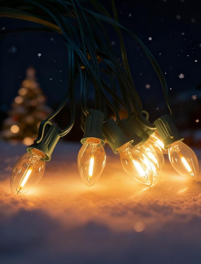 50Ft LED Christmas Outdoor String Lights, C7 Vintage String Lights with 27 0.6W Warm White Bulbs, Clear Christmas Lights for Holiday Party Backyard Wedding Garden Patio Porch Decor, Green Wire