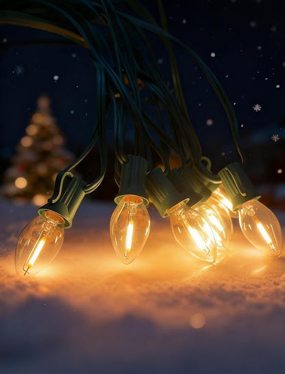 50Ft LED Christmas Outdoor String Lights, C7 Vintage String Lights with 27 0.6W Warm White Bulbs, Clear Christmas Lights for Holiday Party Backyard Wedding Garden Patio Porch Decor, Green Wire