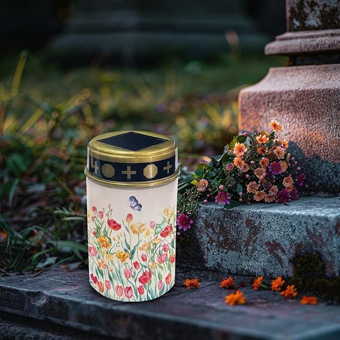Poceacles Solar Lights Outdoor Grave Solar Lights for Cemetery Decoration Solar Outdoor Lights Cemetery Solar Lamp for Garden Lawn Backyard Pathway Decor, Butterfly Colorful Tulip Flower, Pack of 4