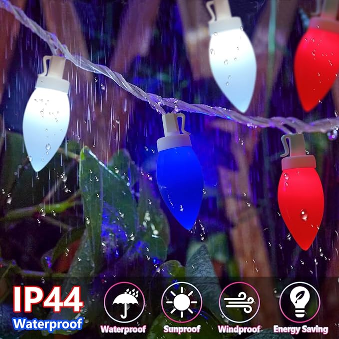 Red White and Blue Lights C9 25Ft 4th of July Decorations with 25 LED Patriotic String Lights, Plug-in Christmas Light for Home Presidents Day Memorial Day Fourth July Christmas Decor