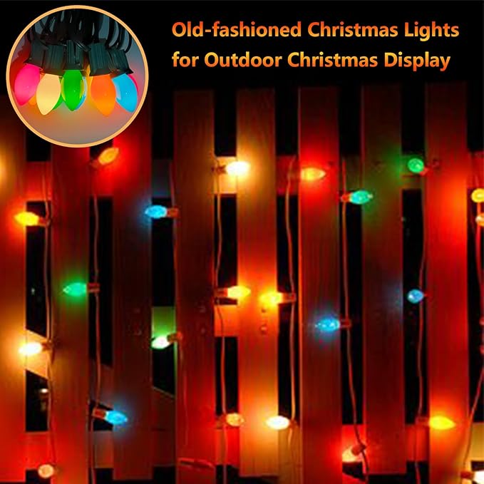 Christmas Lights Outdoor 25Ft C7 Incandescent Christmas Lights with 27 Multicolor Ceramic Glass Bulb(2 Spare), Connectable Vintage Xmas String Light for Outside Patio Porch Party Wedding Garden Decor