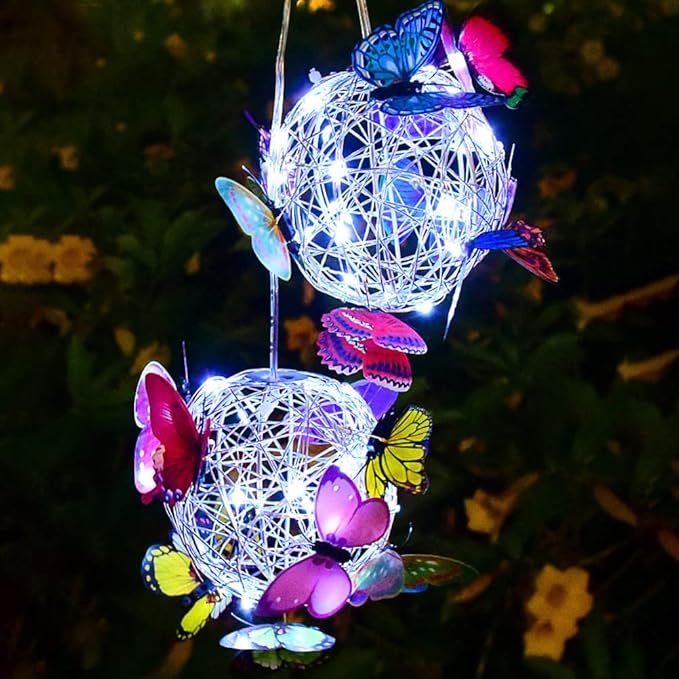 Solar Lighted Hanging Mesh Orb with LED Colorful Butterfly Roaming Light Solar Garden Patio Hanging Ball Home Outdoor Yard Ornament