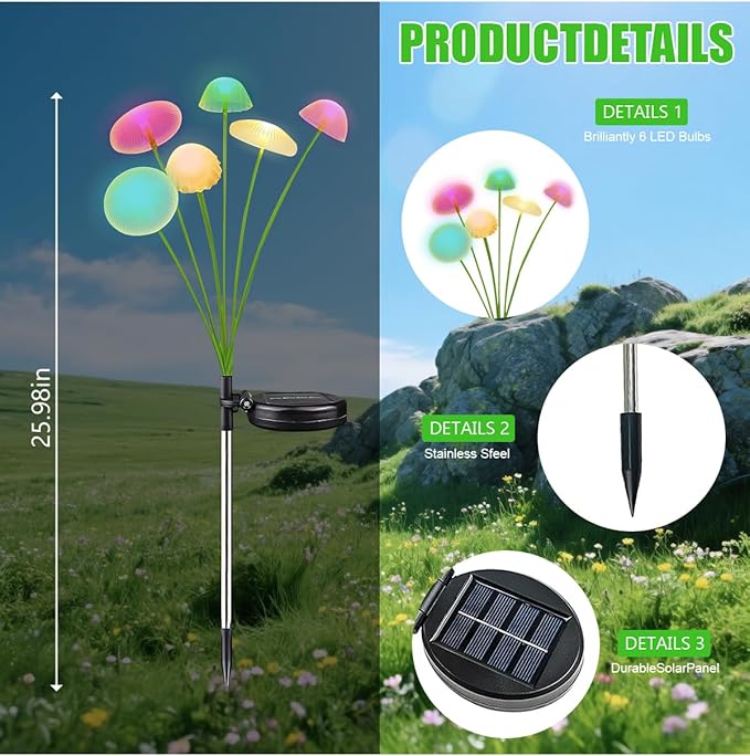 Solar Mushroom Light Outdoor Waterproof,Garden Patio Decorative 4 Colour Lights for Patio Lawn,Landscape Lighting Large Bulbs,Starlight Windswept Lights,Great Gift for Women for Gardening,2 Packs