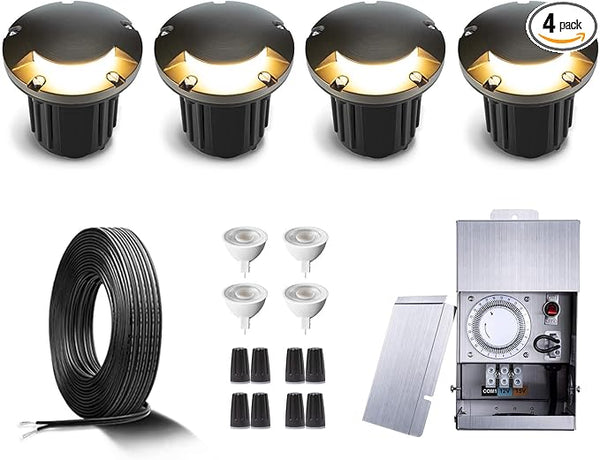 Gardenreet Brass In Ground Well Lights Kit(4 Pack) with 75W Low Voltage Transformer & MR16 Bulb & 100Feet Wire & | Lumora