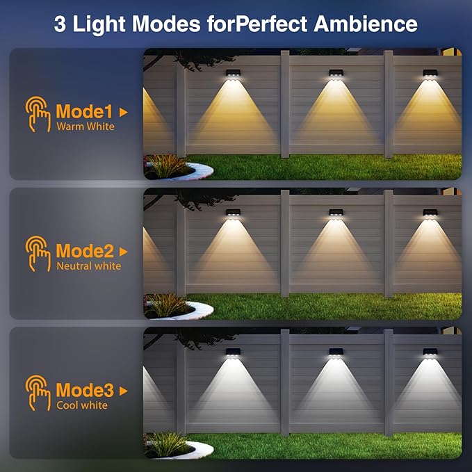 Onforu Solar Fence Lights,12 Pack Solar Lights Outdoor,3 Modes(Warm/Neutral/Cool White) for Outside,Dusk to Dawn Outdoor Light,IP65 Waterproof Deck Lighting for Patio,Step,Backyard,Railing,Wall