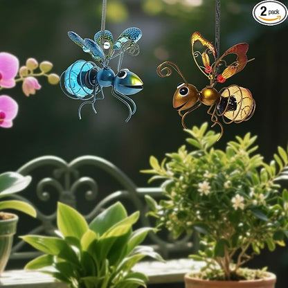 2 Pcs Waterproof Solar Hanging Bee Lights, Metal Bumblebee Figurine LED, Outdoor Garden Balcony Porch Spring Holiday Party Decoration
