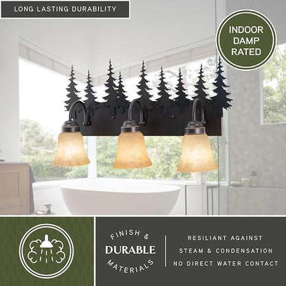 VAXCEL Yosemite 3-Light 24.75 inch Wide Burnished Bronze Rustic Cabin Bathroom Vanity Lighting Fixture, Amber Flake Glass Shade, Tree Motif, Dimmable, LED Compatible, Over The Mirror Wall Mounted