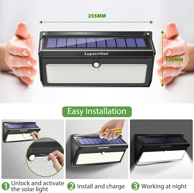 Luposwiten 100 LED Solar Lights Outdoor Waterproof - 2000 Lumens Solar Motion Lights Outdoor with 125° Lighting Angle, Easy-to-Install for Front Door, Yard, Garage, Garden (2-Pack)