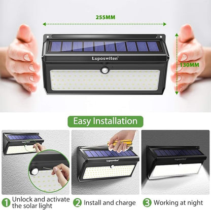 Luposwiten 100 LED Solar Lights Outdoor Waterproof - 2000 Lumens Solar Motion Lights Outdoor with 125° Lighting Angle, Easy-to-Install for Front Door, Yard, Garage, Garden (2-Pack)