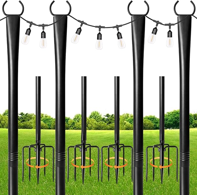 4 Pack String Light Poles for Outdoor,Metal Light Hanging Pole Outside with Fork,Light Stand for Patio, Pergola | Lumora