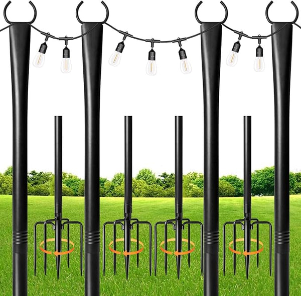 4 Pack String Light Poles for Outdoor,Metal Light Hanging Pole Outside with Fork,Light Stand for Patio, Pergola | Lumora