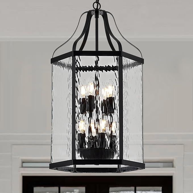 14" Modern 8-Light Exterior Black Lantern Pendant Light Fixture with Clear Rippled Glass Mini Industrial Hanging | Lumora