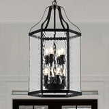 14" Modern 8-Light Exterior Black Lantern Pendant Light Fixture with Clear Rippled Glass Mini Industrial Hanging | Lumora