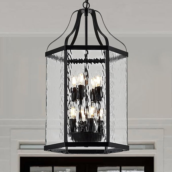 14" Modern 8-Light Exterior Black Lantern Pendant Light Fixture with Clear Rippled Glass Mini Industrial Hanging | Lumora