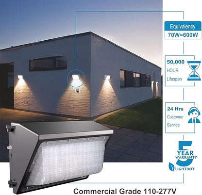 Lightdot 6Pack 70W LED Wall Pack Lights, 100-277v Dusk to Dawn Photocell |10500Lm (150Lm/W) 5000K IP65 Outdoor Flood Lighting for Yard,Warehouse,Factory,Building,Garage, ETL(Height:10~15ft)
