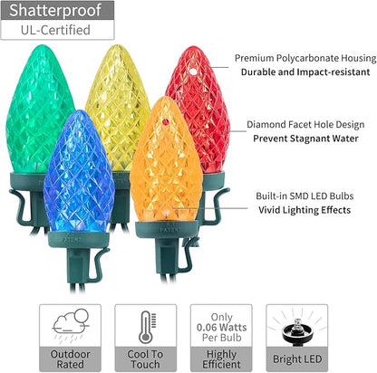 Brightown C9 Christmas String Lights Multicolor, 66ft 100 LED Faceted Christmas Lights on Green Wire, Plug-in Large Bulb Strawberry String Lights for House Roof Roofline Christmas Tree Party Outdoor