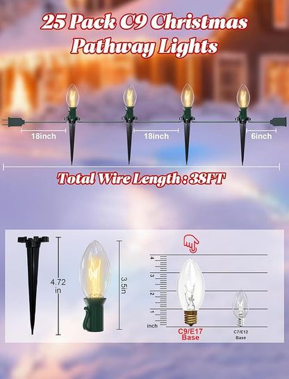 38FT C9 Christmas Pathway Lights Outdoor,25 Pack Warm White Connectable Weatherproof Christmas Walkway Lights with C9 Bulbs and Stakes for Driveway Yard Lawn Sidewalk Decorations