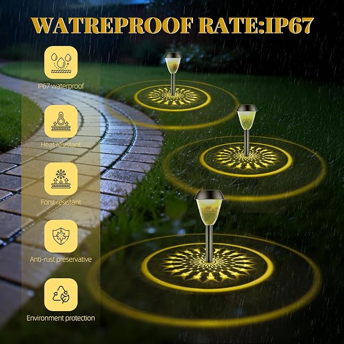2 Pack Solar Pathway Lights Outdoor, New Upgraded Waterproof LED Lights, 3 Variants (Warm White/Golden/7-Color Slow Flash) with Unique Lamp Shade Patterns, for Garden (2-Pack Warm Light)
