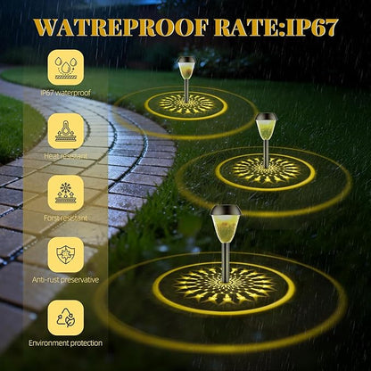2 Pack Solar Pathway Lights Outdoor, New Upgraded Waterproof LED Lights, 3 Variants (Warm White/Golden/7-Color Slow Flash) with Unique Lamp Shade Patterns, for Garden (2-Pack Warm Light)