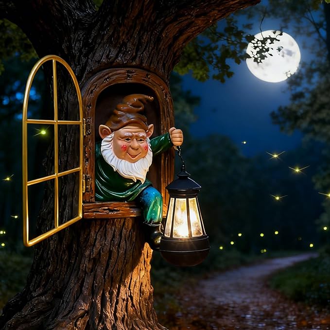 Garden Gnomes Decor Outdoor Statue - Christmas Gnome Decorations with Solar Lights Whimsical Elf Out The Door Tree Hugger Garden Statues Tree Face Gnomes Yard Art for Patio,Fence,Lawn Gnomes Ornament