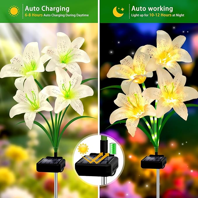 Solar Garden Lights 4 Pack 16 White Lily Flowers, Gifts for Mom Woman Birthday Outdoor Solar Flower Lights,Cemetery Flowers for Grave - Decorative Lilies for Yard, Patio, Pathway Decorations