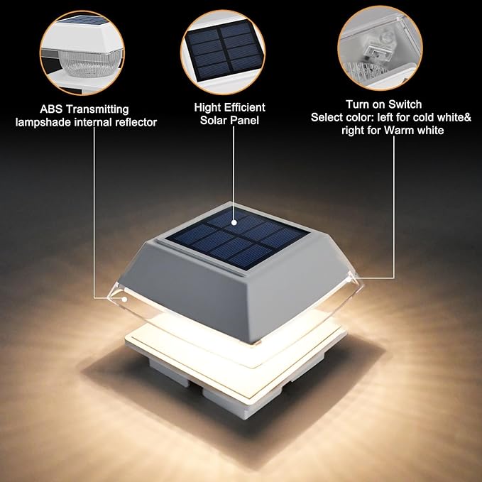 4x4 Solar Post Cap Lights with 2 Lighting Modes, 2 Packs Outdoor Post Light Solar Powered Waterproof IP65, Fence Deck Lights for 4×4 Wood/Vinyl Posts, White