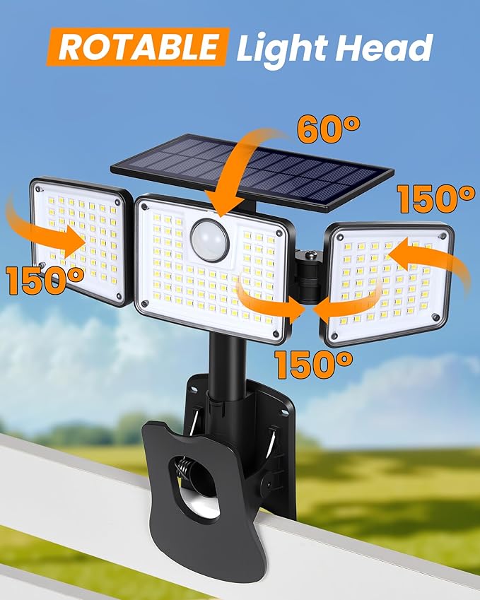 Clip on Solar Lights, 1500LM Motion Sensor Security Lights with Remote Control, 270°Wide Angle Solar Flood Light, 3 Heads High Bright Solar Lights Outdoor Waterproof for Fence Gutter Yard（2Pack)