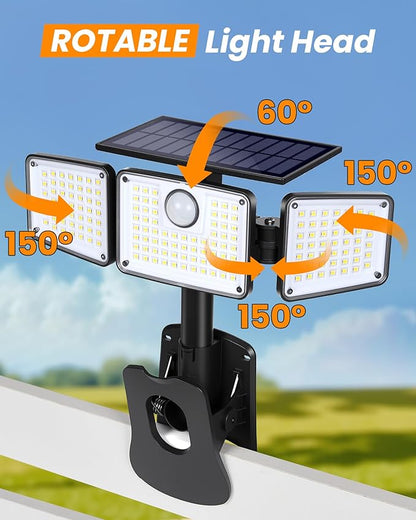 Clip on Solar Lights, 1500LM Motion Sensor Security Lights with Remote Control, 270°Wide Angle Solar Flood Light, 3 Heads High Bright Solar Lights Outdoor Waterproof for Fence Gutter Yard（2Pack)