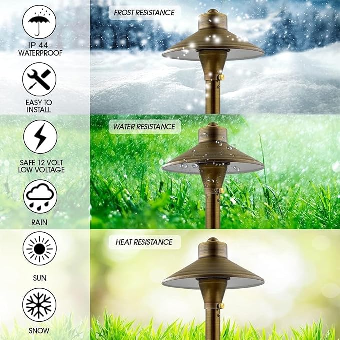 LED Low Voltage Pathway Lights 121- Solid Brass Outdoor Landscape Lights for Garden Pathway & Driveway Outdoor Lighting, 12V Landscape Lighting with Ground Stake & G4 LED Bulb (4 Pack Wide Top 8-1/2")