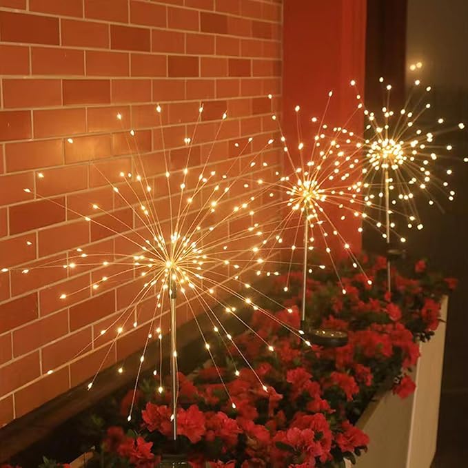 Solar Garden Firework Lights Outdoor Waterproof, 2 Pack 150 LED 8 Lighting Modes Sparklers Solar Twinkling Starburst Lights for Yard Flowerbed Pathway Fence Decorations, Warm White