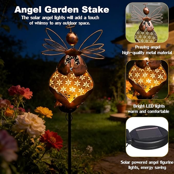 VEEKI Solar Garden Lights, Metal Solar Angel Garden Stake Lights Outdoor Waterproof, Angel Decor Solar Lights for Cemetery Grave Yard Patio Path, Sympathy Memorial Gift for Lost Love One