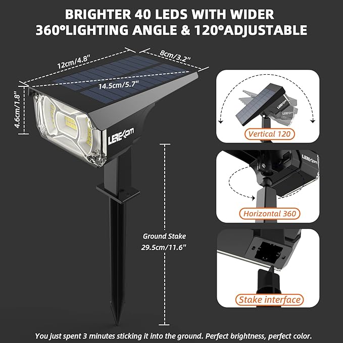 Solar Spot Lights,IP65 Waterproof 40 LED's Landscape Spotlights,3 Modes Outdoor Garden Lights, 360 Adjustable | Lumora