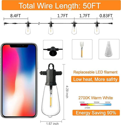 ZOTOYI Outdoor String Lights 50 FT, Waterproof IP65 Outside Light with 27 LED Plastic ST38 Edison Bulbs, Patio Hanging Lights for Backyard, Garden, Gazebo, Cafe Dimmable 2700K
