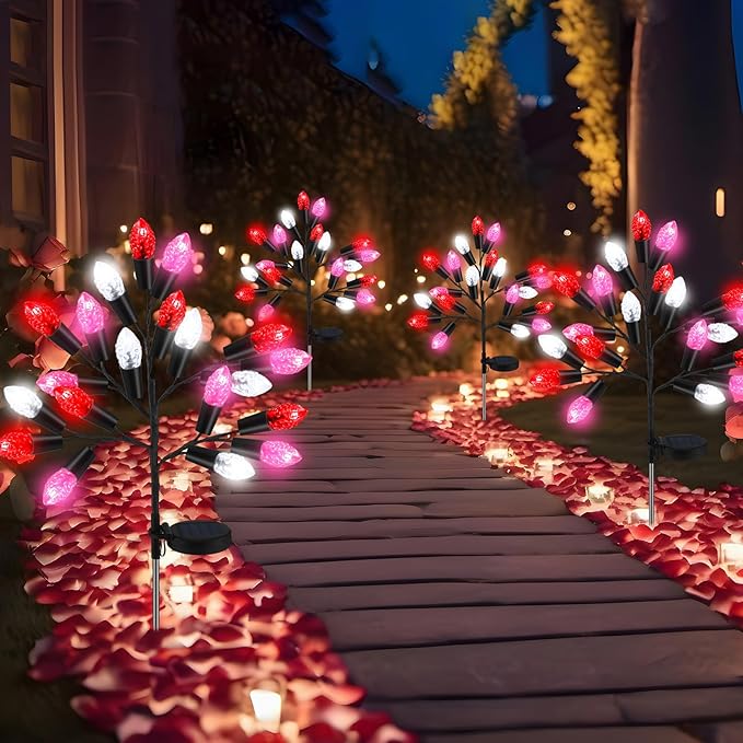 4 Pcs Valentine's Day Outdoor Decoration Solar Pathway Lights 28" Pink Stake Light Waterproof 8 Modes 80 Heart Shape LEDs for Yard Walkway Path Garden Patio Valentine Decor