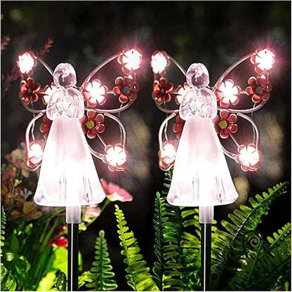 Solar Garden Lights 2pcs Fairy Garden Ornaments Outdoor Solar Pathway Lights, Flower Fairy Resin Figurine Lamp for Courtyard Lawn, Commemorate Gift (Color : Pink)