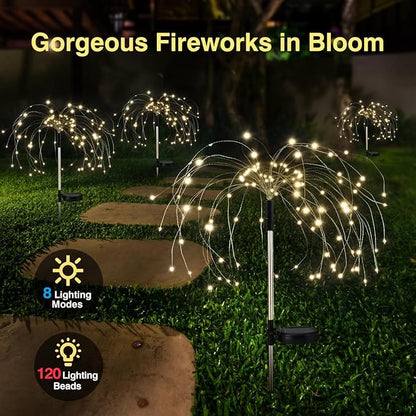 Lewondr Firework Solar Garden Lights 4 Pack, 120 LED Solar Firework Lights with 8 Lighting Modes, Waterproof Sparkler Starburst Solar Lights Outdoor for Yard Porch Patio Backyard, Warm
